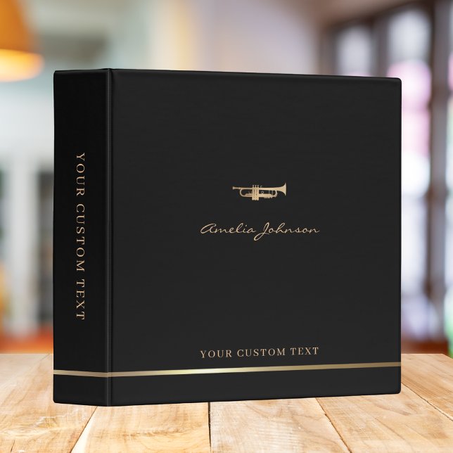 Black Concert Trumpet Gold Elegant Script Name 3 Ring Binder (Creator Uploaded)