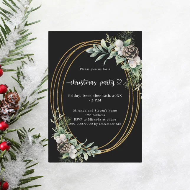Black cone pine greenery gold Christmas Party Invitation | Zazzle