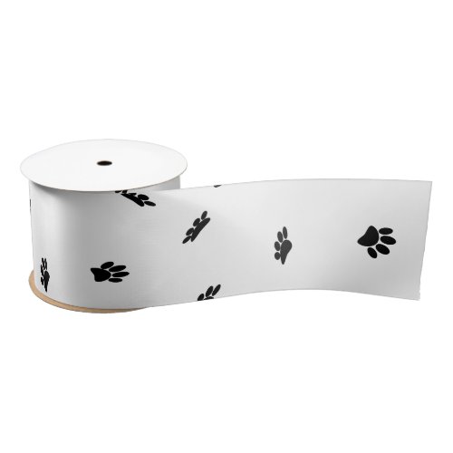 Black Confetti Dog Paw Print Pattern Custom Satin Ribbon