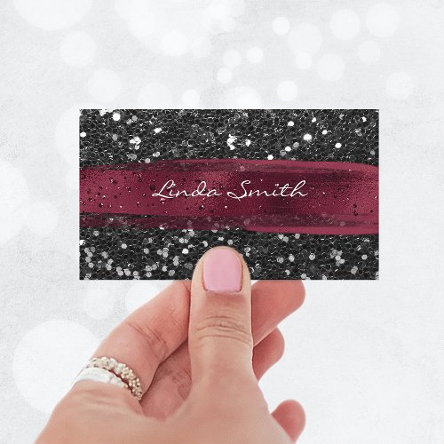 Black Confetti Glitter Burgundy Brush Strokes Business Card