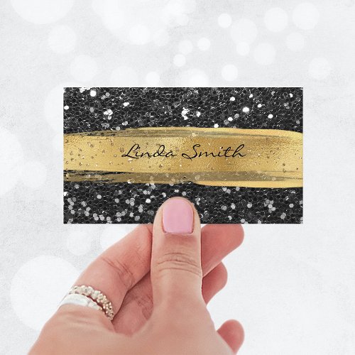 Black Confetti Glitter Gold Brush Strokes Business Card