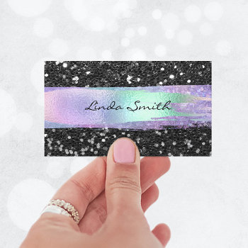 Black Confetti Glitter Iridescent Brush Strokes Business Card by annaleeblysse at Zazzle