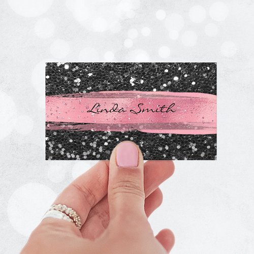 Black Confetti Glitter Pink Brush Strokes Business Card