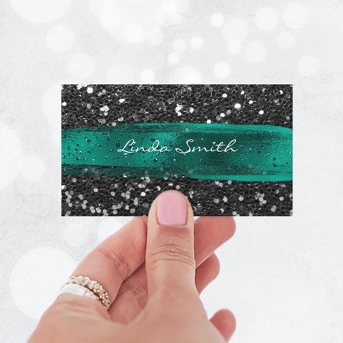 Black Confetti Glitter Teal Green Brush Strokes Business Card
