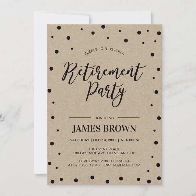 Black Confetti & Kraft | Modern Retirement Party Invitation (Front)