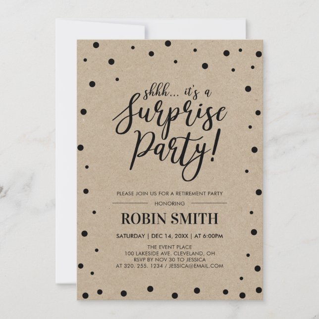 Black Confetti & Kraft Surprise Retirement Party Invitation (Front)