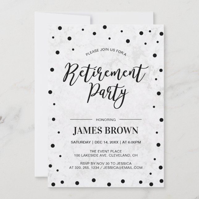 Black Confetti & Marble | Modern Retirement Party Invitation (Front)