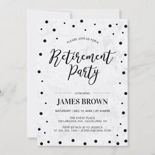 Black Confetti  Marble  Modern Retirement Party Invitation
