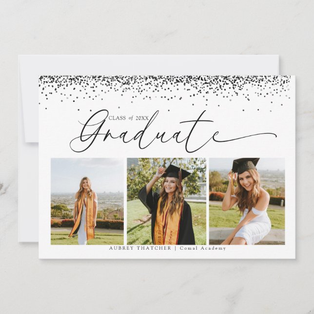 Black Confetti |  Photo Collage Graduation  Invitation (Front)