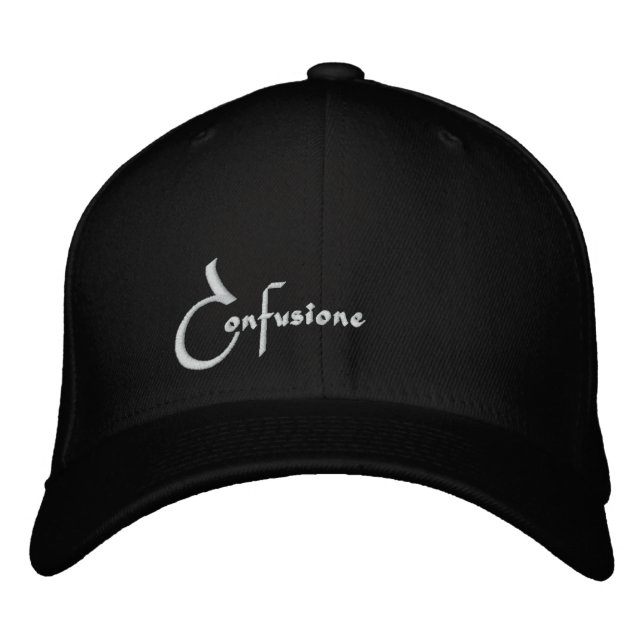 -Black Confusione Fitted White Text no Back Emb Embroidered Baseball Cap (Front)