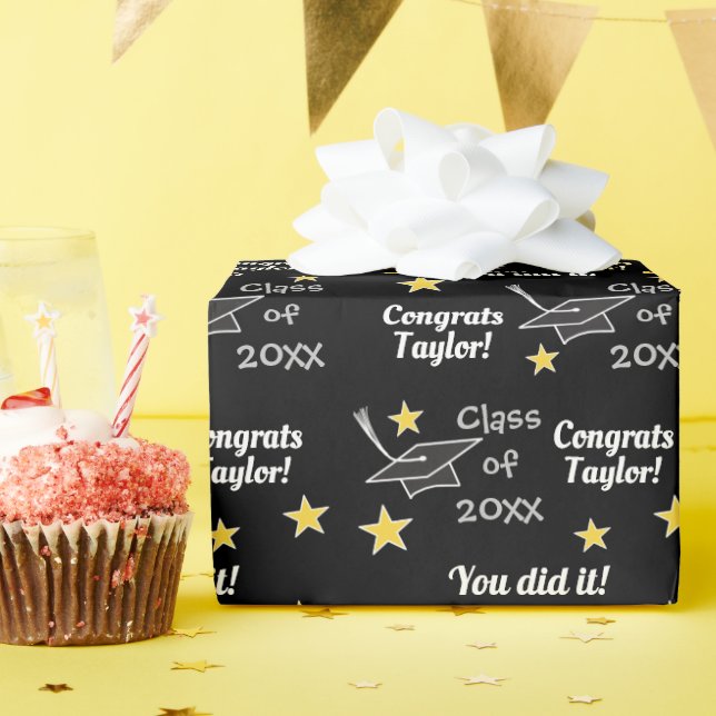 Black Congrats Grad Custom Year Add Name Wrapping Paper (Birthday Party)