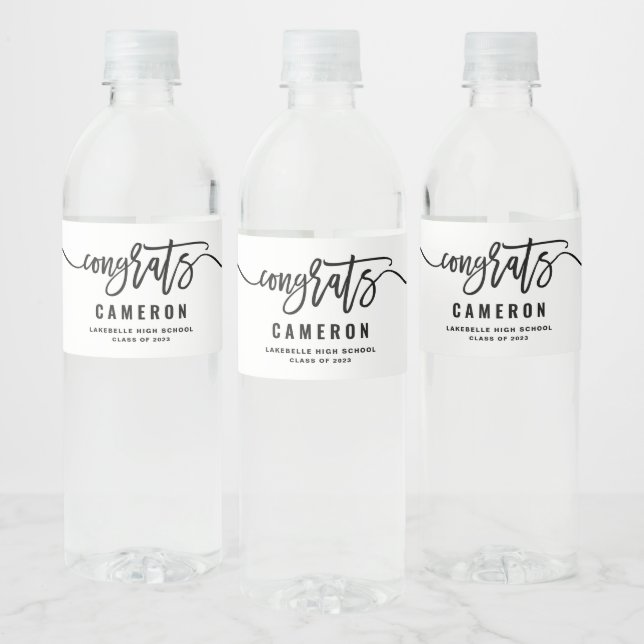 Black Congrats Modern Calligraphy Graduation Water Bottle Label (Bottles)