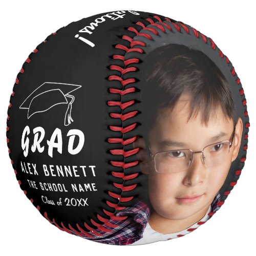 Black Congratulations Graduate Graduation Photo Softball - Modern Black Congratulations Graduate Graduation Photo Softball. Graduate cap and white typography on a black background. This custom and personalized softball is a perfect gift for a graduate. Personalize it with your photo, graduate name, school name and year. You can change any text on the softball.