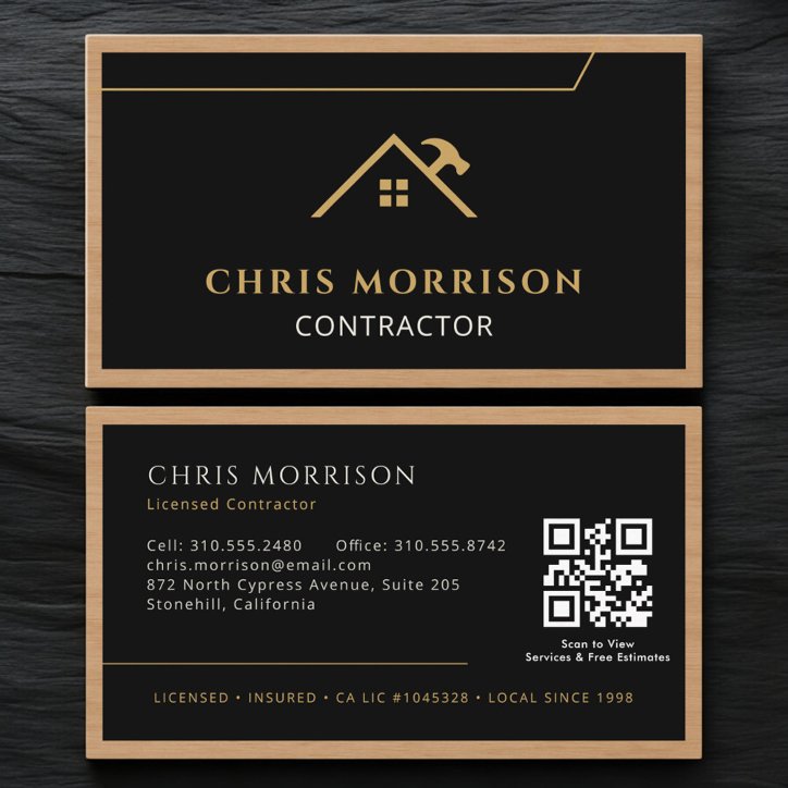 Black Construction Professional Wood QR Code Business Card