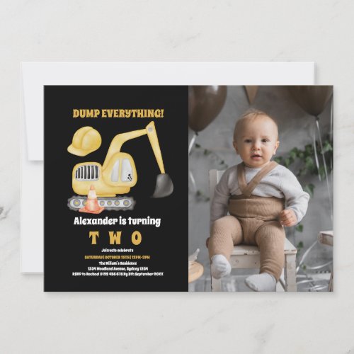 Black Construction Truck 2nd Birthday Photo Invitation