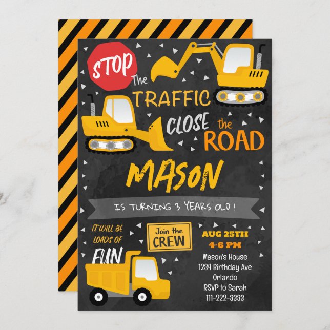 Black Construction Vehicles Birthday Invitation (Front/Back)