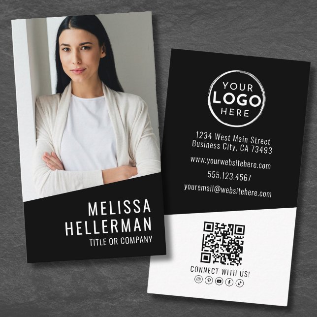 Black Contemporary Photo QR Code Logo Vertical Business Card (Black Contemporary Photo QR Code Logo Vertical Business Card)