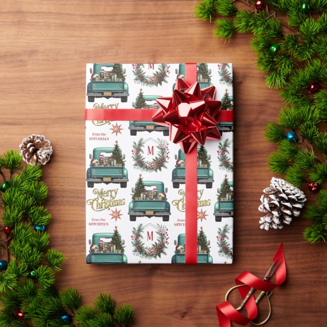 Black Coonhound Dog Retro Truck Monogram Christmas Wrapping Paper (Holiday Gift)