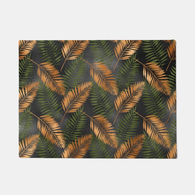Black Copper Brown Palm Tree Leaf Glam Tropical Doormat (Front)