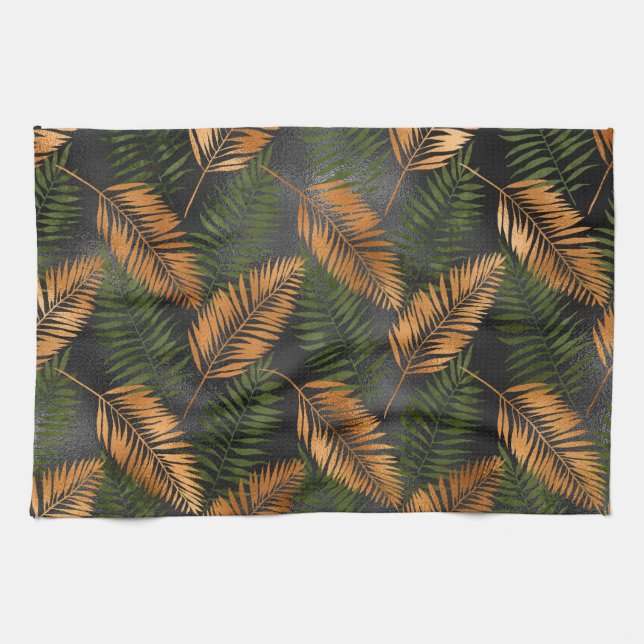 Black Copper Brown Palm Tree Leaf Glam Tropical Kitchen Towel (Horizontal)