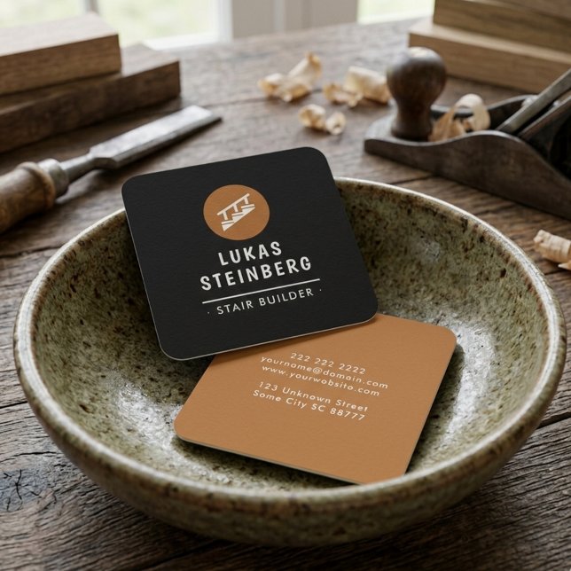 Black & Copper Luxury Stair Builder Square Business Card (Creator Uploaded)