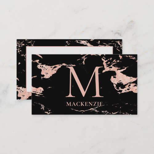 Black Copper Rose Gold Foil Marble Monogram Business Card