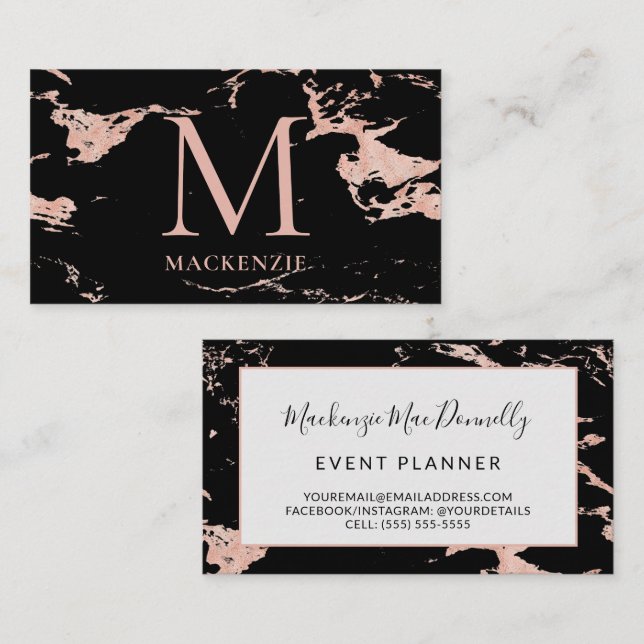 Black Copper Rose Gold Foil Marble Monogram Business Card (Front/Back)