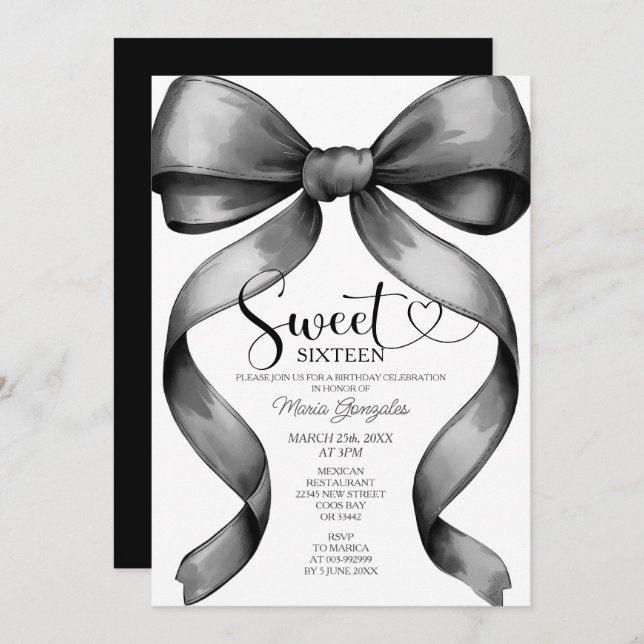 Black Coquette Bow 16th Birthday Invitation  (Front/Back)