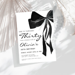 black coquette bow 30th birthday party invitation