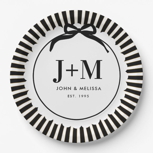 Black Coquette Bow Anniversary Initials Paper Plates (Front)