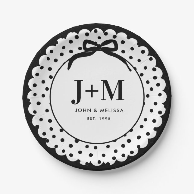 Black Coquette Bow Anniversary Initials Paper Plates (Front)
