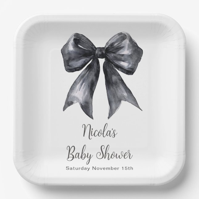 Black Coquette Bow Baby Shower Paper Plates (Front)