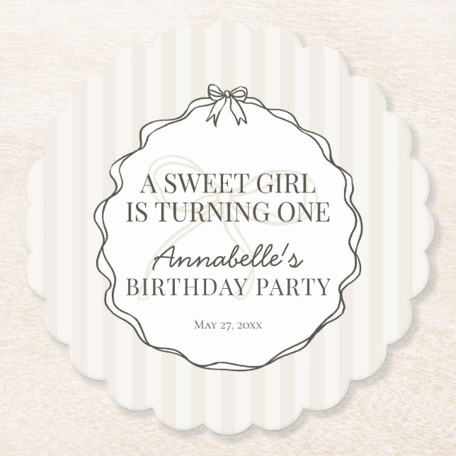 Black Coquette Bow Beige Birthday Party Paper Coaster (Front)