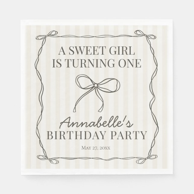 Black Coquette Bow Beige Birthday Party Table Deco Napkins (Front)