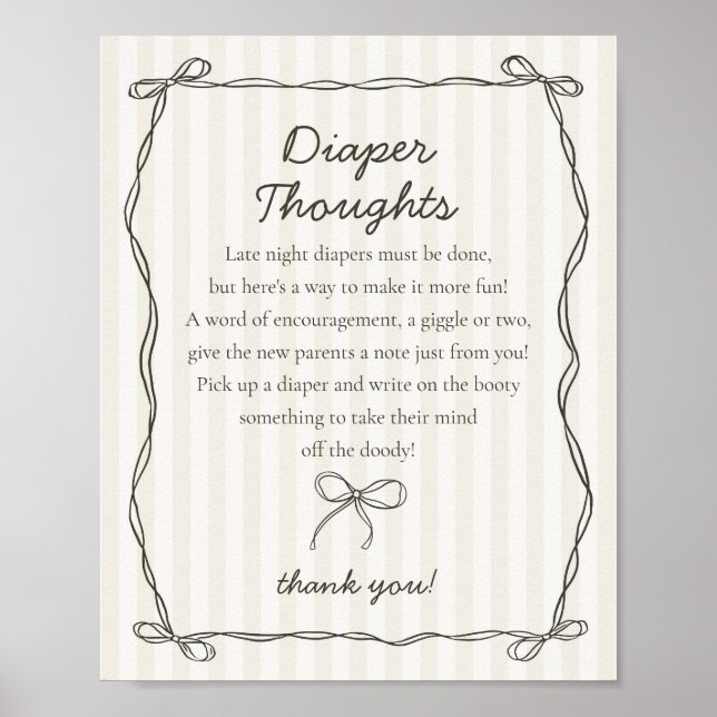 Black Coquette Bow Beige Diaper Thoughts Shower Poster (Front)