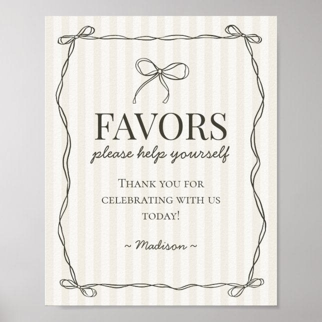 Black Coquette Bow Beige Favors Sign (Front)