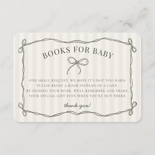 Black Coquette Bow Beige Shower Books for Baby Enclosure Card (Front)