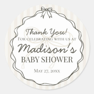 Black Coquette Bow Beige Striped Baby Shower Favor Classic Round Sticker