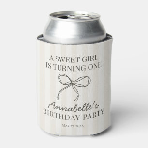 Black Coquette Bow Beige Striped Birthday Favor Can Cooler