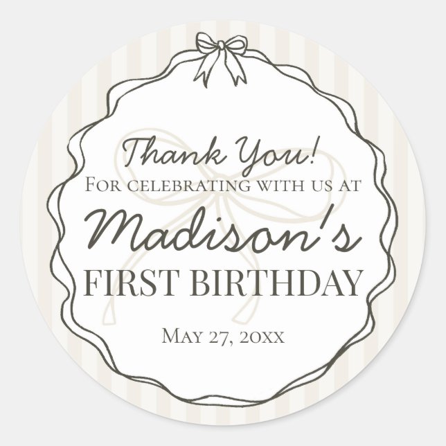 Black Coquette Bow Beige Striped Birthday Favor Classic Round Sticker (Front)