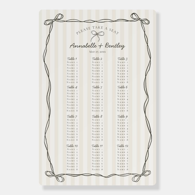 Black Coquette Bow Beige Striped Seating Chart Foam Board (Front)