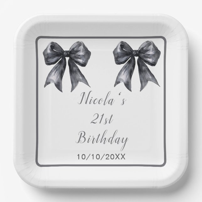 Black Coquette Bow Birthday Party Paper Plates (Front)