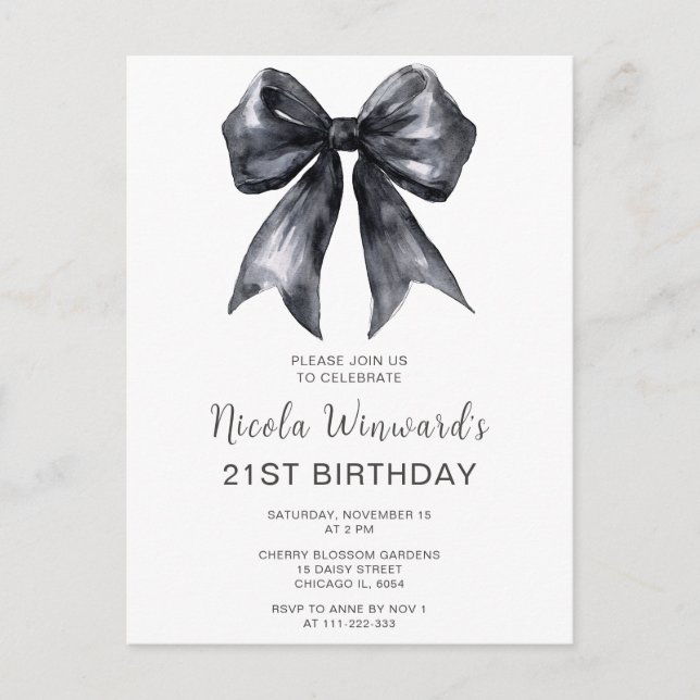 Black Coquette Bow Birthday Party Postcard (Front)