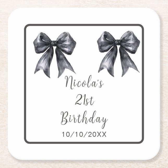 Black Coquette Bow Birthday Party Square Paper Coaster (Front)