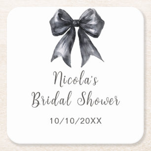 Black Coquette Bow Bridal Shower Square Paper Coaster