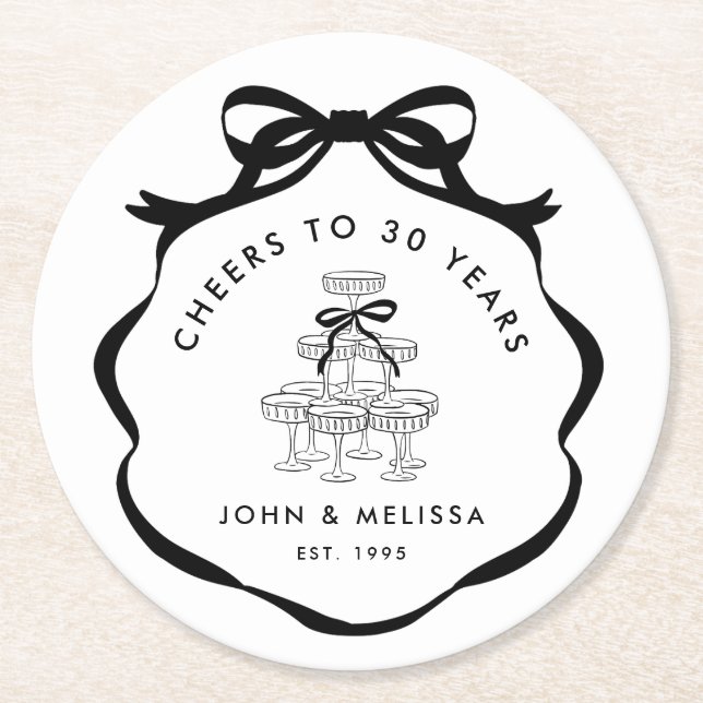 Black Coquette Bow Cheers Champagne Tower Round Paper Coaster (Front)