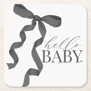 Black Coquette Bow Girl Baby Shower Decor Square Paper Coaster