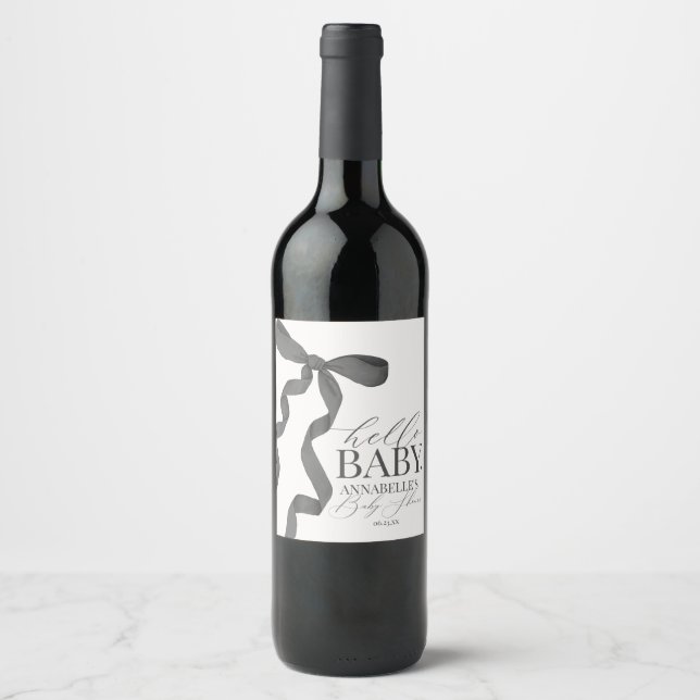 Black Coquette Bow Girl Baby Shower Favors Wine Label (Front)