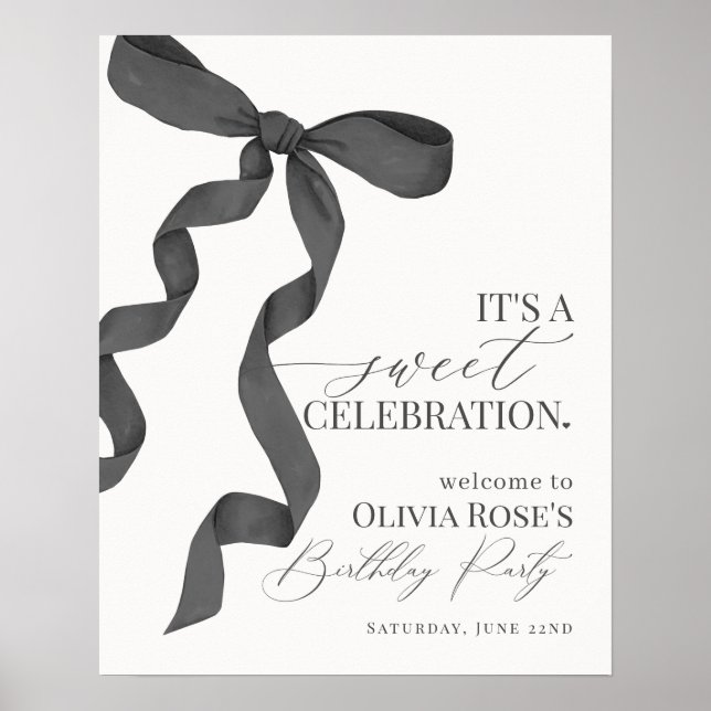 Black Coquette Bow Girl Birthday Welcome Sign (Front)