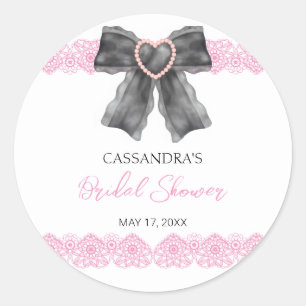 Black Coquette Bow Pink Lace Bridal Shower Classic Round Sticker
